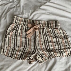 Beige High Waist Striped Shorts with Elastic Waistband